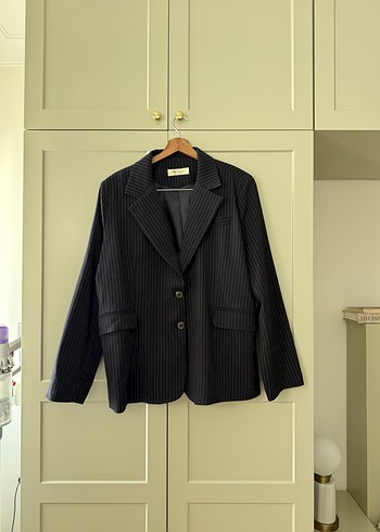 m Beden Kadın Siyah Çizgili Keten Blazer Ceket