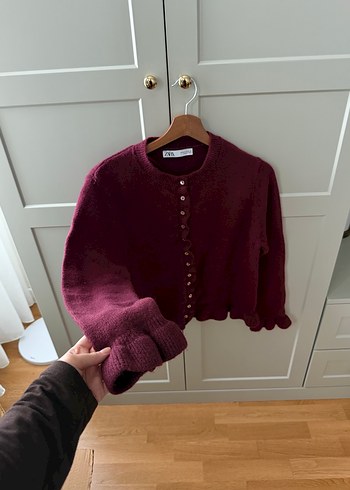 Zara Bordo Düğmeli Midi Triko Hırka