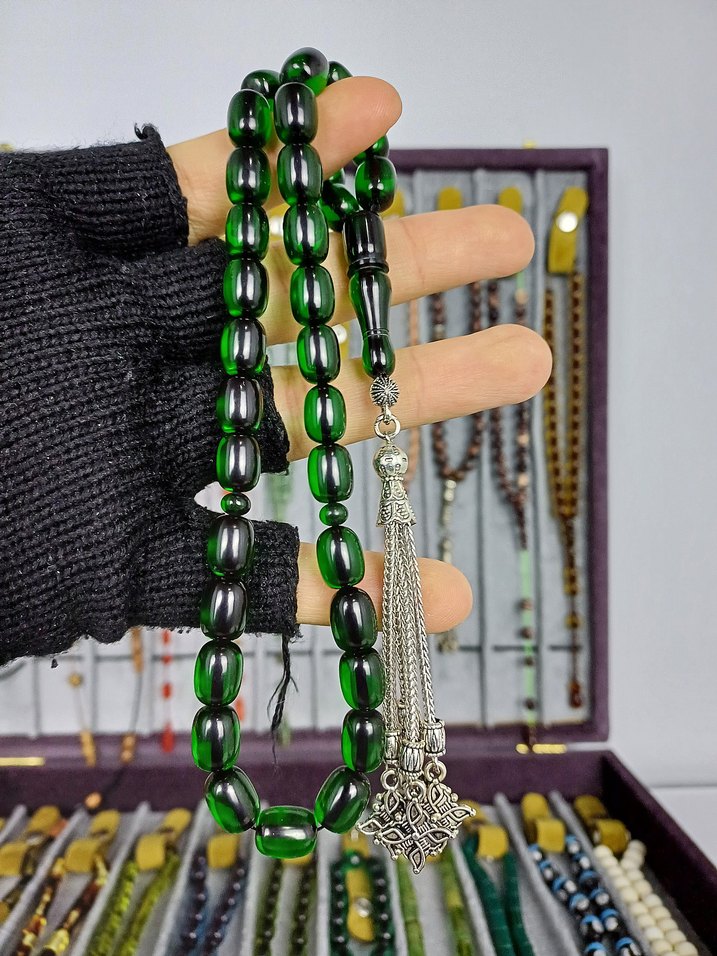 Muhammed Azazi Usta İşçilik Pirinç Püsküllü Kehribar Tesbih - Görsel 3