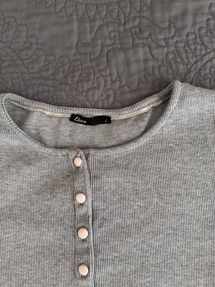 Düğmeli Gri Keten Kısa Kollu Kadın Tişört - Görsel 2