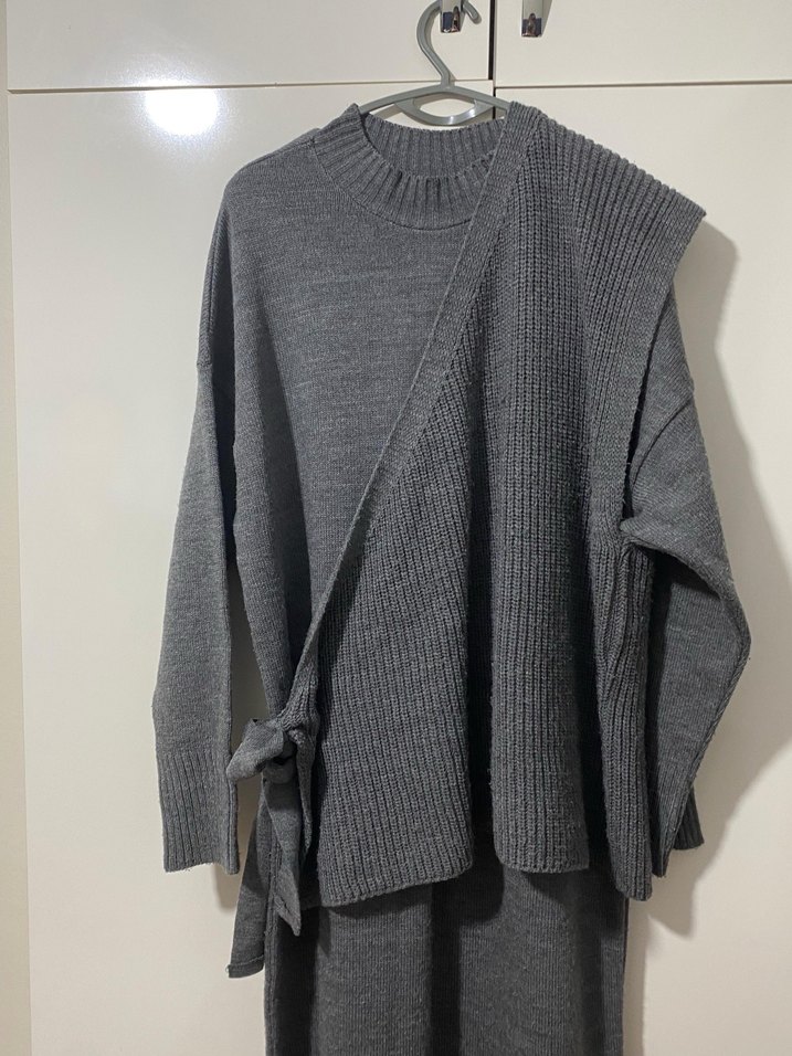 Gri Uzun Örgü Triko Elbise - Görsel 2