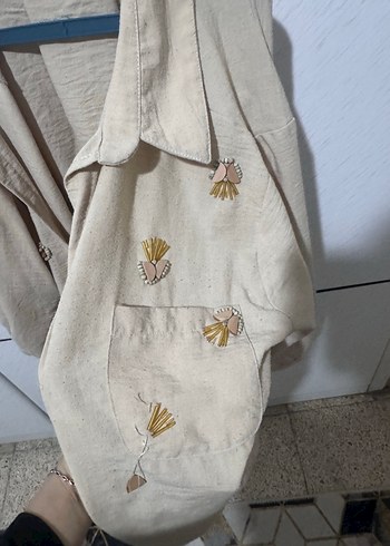 Bej Düğmeli Keten Kadın Gömlek - Görsel 2