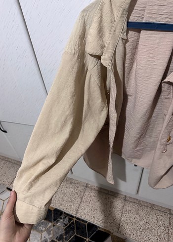 Bej Düğmeli Keten Kadın Gömlek - Görsel 4