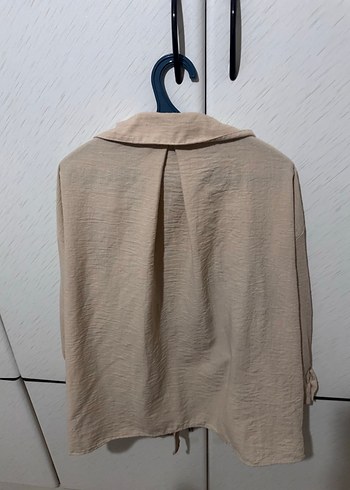 Bej Düğmeli Keten Kadın Gömlek - Görsel 5