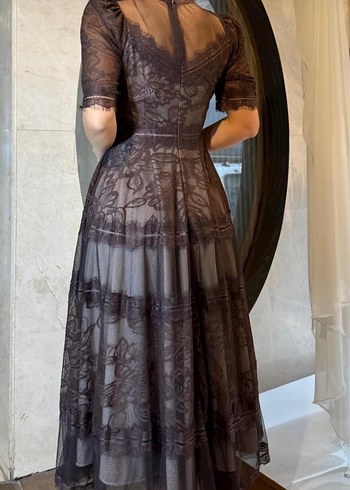 Dantel Detaylı Vintage Uzun Kahverengi Elbise - Görsel 3