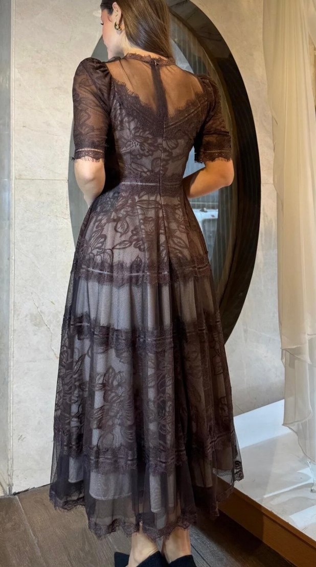 Dantel Detaylı Vintage Uzun Kahverengi Elbise - Görsel 3