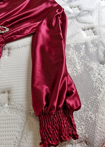 38 Beden Bordo satenUzun Kollu abiye Elbise