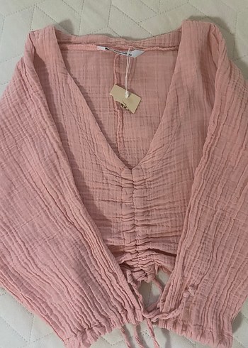 Pembe V Yaka Keten Bohem Bluz crop