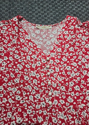 Kısa Kollu V Yaka Kırmızı Bohem Elbise - Görsel 4