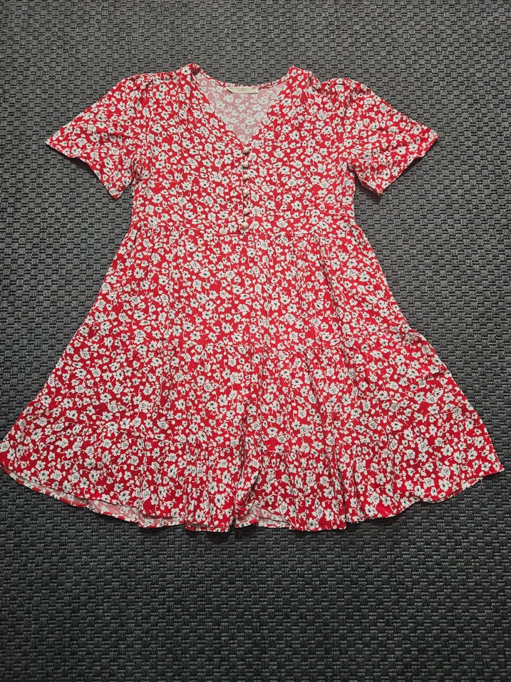 Kısa Kollu V Yaka Kırmızı Bohem Elbise - Görsel 2