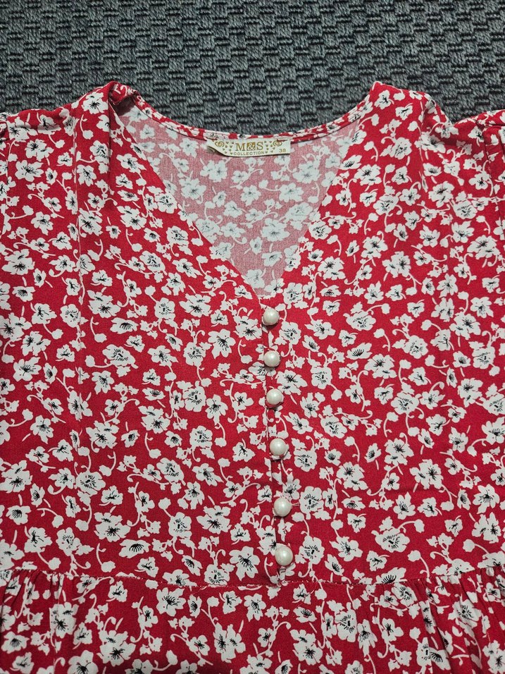 Kısa Kollu V Yaka Kırmızı Bohem Elbise - Görsel 4