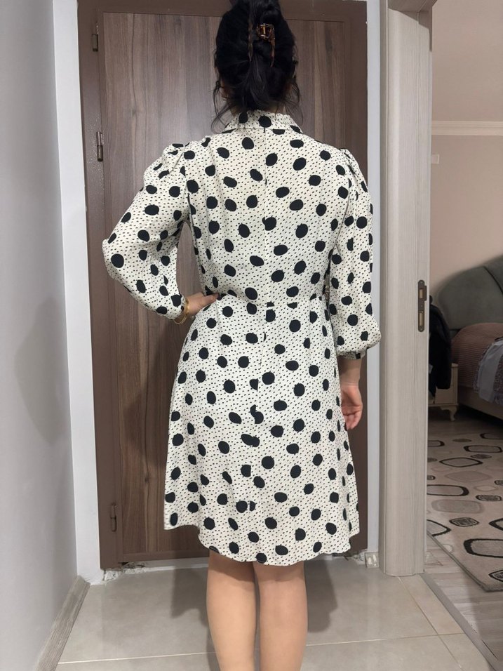 Uzun Kollu Puantiyeli Gömlek Elbise - Görsel 2