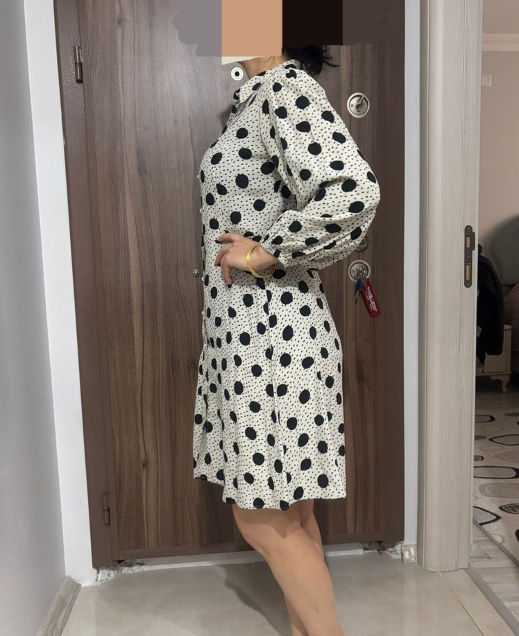 Uzun Kollu Puantiyeli Gömlek Elbise - Görsel 3