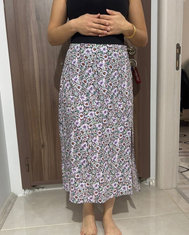 Çiçek Desenli Ömden Yırtmaçlı Bohem Midi Etek - Görsel 2