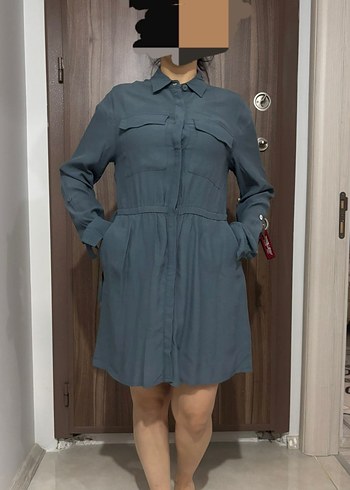 Gri Düğmeli Uzun Kollu Gömlek Elbise - Görsel 2