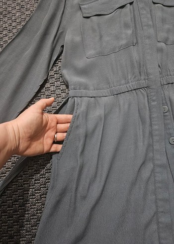 Gri Düğmeli Uzun Kollu Gömlek Elbise - Görsel 7