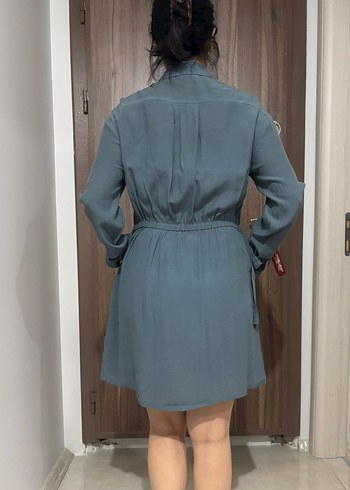 Gri Düğmeli Uzun Kollu Gömlek Elbise - Görsel 4