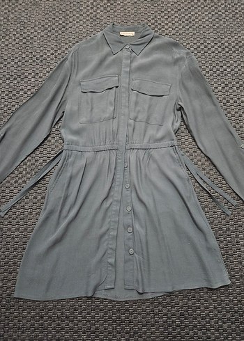 Gri Düğmeli Uzun Kollu Gömlek Elbise - Görsel 5