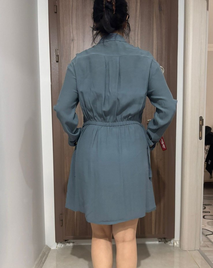 Gri Düğmeli Uzun Kollu Gömlek Elbise - Görsel 4