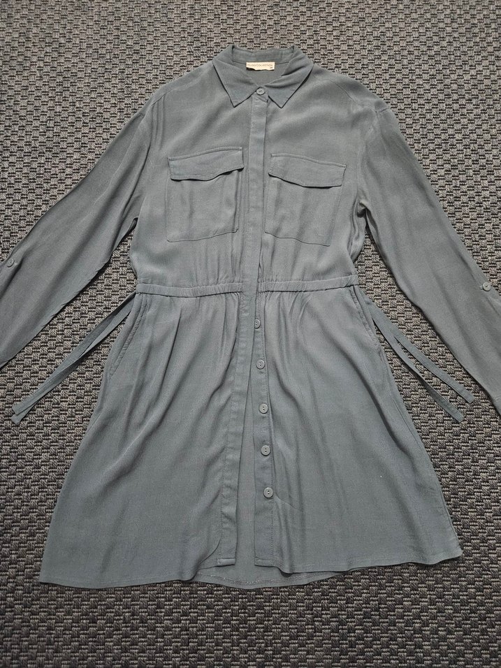 Gri Düğmeli Uzun Kollu Gömlek Elbise - Görsel 5