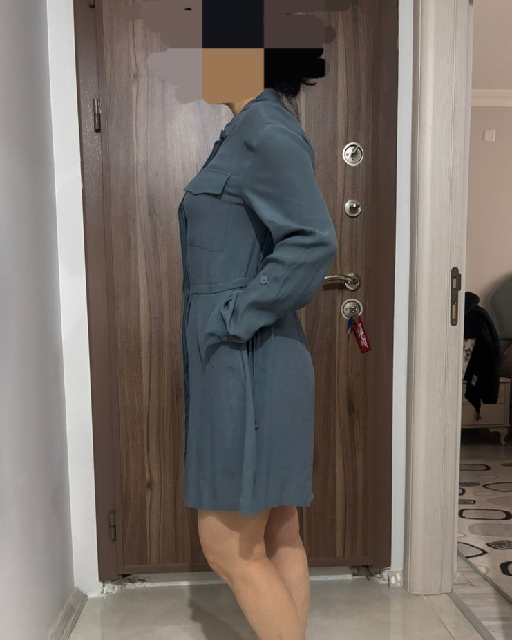 Gri Düğmeli Uzun Kollu Gömlek Elbise - Görsel 3