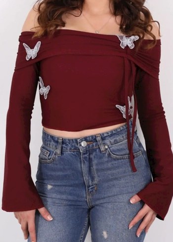 Bordo Nakışlı Straplez Uzun Kollu Crop Bluz