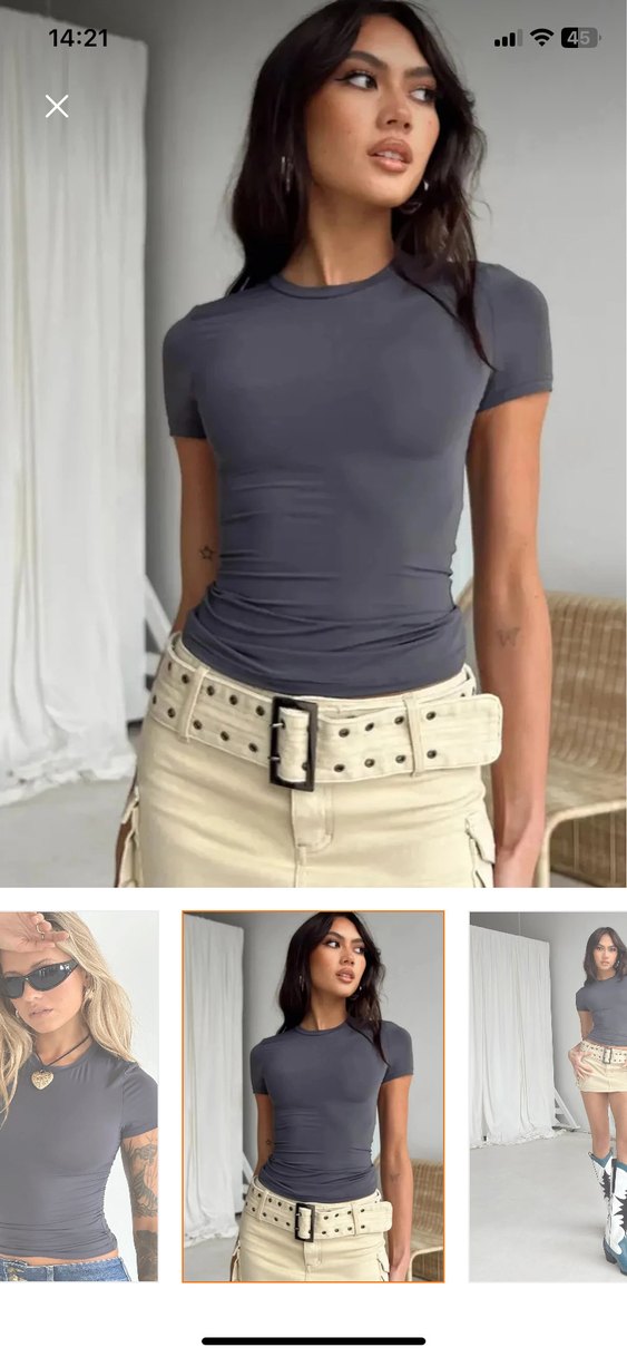 Gri Kısa Kollu Basic Kadın Tişört - Görsel 3