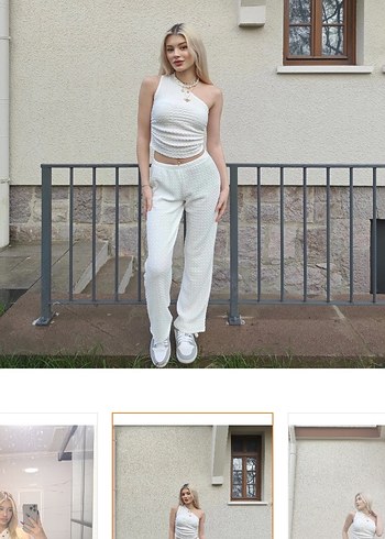 Beyaz Örgü Detaylı Kadın Keten Pantolon Bluz Takım - Görsel 4