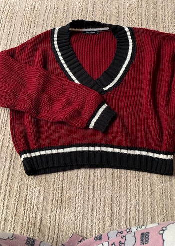 Bordo V Yaka Kısa Triko Kazak - Görsel 2