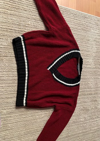 Bordo V Yaka Kısa Triko Kazak - Görsel 3