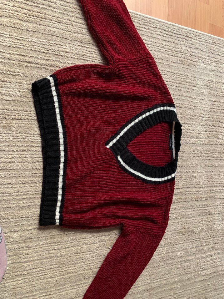 Bordo V Yaka Kısa Triko Kazak - Görsel 3