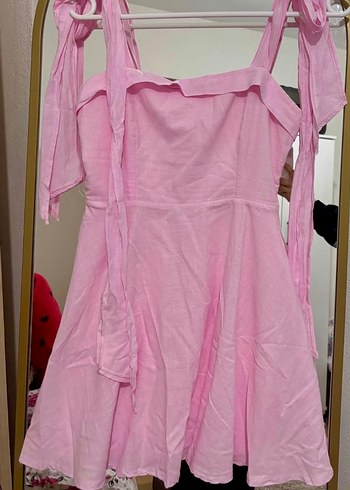 Pudra Pembe Midi Keten Askılı Elbise - Görsel 3