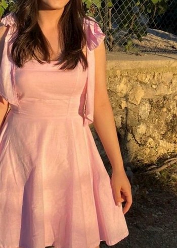 Pudra Pembe Midi Keten Askılı Elbise - Görsel 2