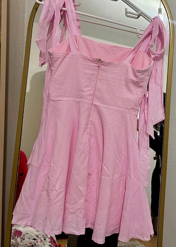 Pudra Pembe Midi Keten Askılı Elbise - Görsel 4