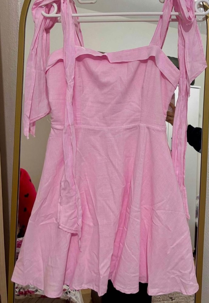 Pudra Pembe Midi Keten Askılı Elbise - Görsel 3