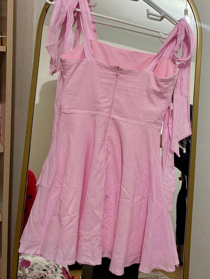 Pudra Pembe Midi Keten Askılı Elbise - Görsel 4