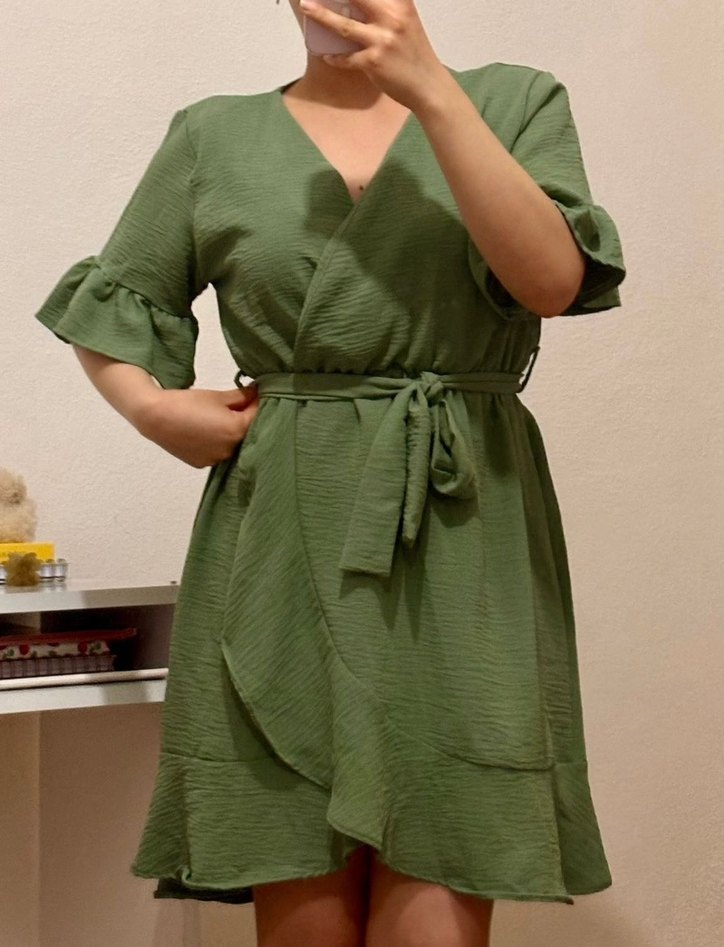 Yeşil V Yaka Midi Bohem Elbise - Görsel 3