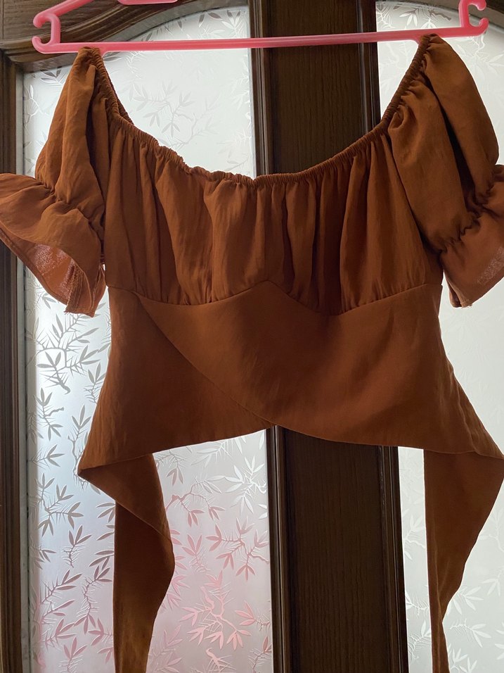 Drapeli Kahverengi Süet Straplez Bluz - Görsel 3