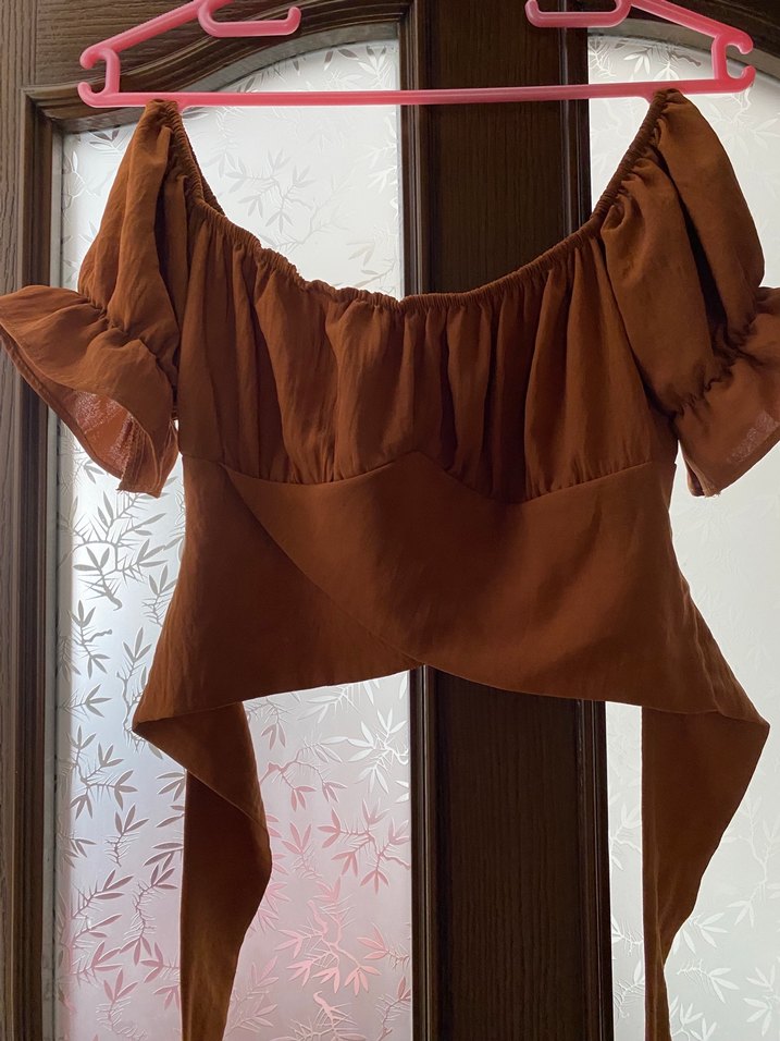 Drapeli Kahverengi Süet Straplez Bluz - Görsel 2