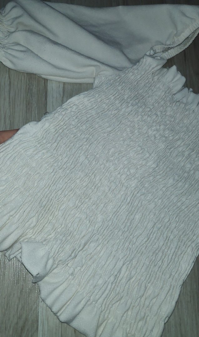 Beyaz Keten Mini Bluz, Uzun Kollu, Fırfırlı - Görsel 2