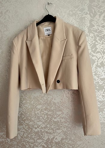 s Beden Bej Keten Kısa Kesim Kadın Blazer Ceket