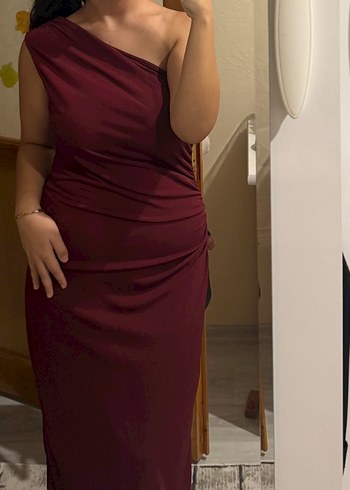 Bordo Drapeli Midi Abiye Elbise