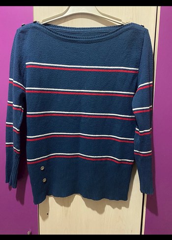 Düğmeli Mavi Çizgili Kadın Triko - Görsel 5