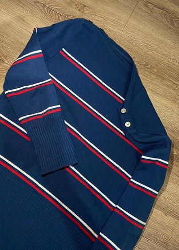 Düğmeli Mavi Çizgili Kadın Triko - Görsel 2