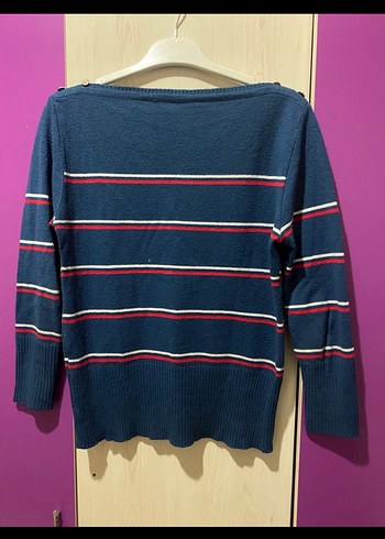 Düğmeli Mavi Çizgili Kadın Triko - Görsel 4