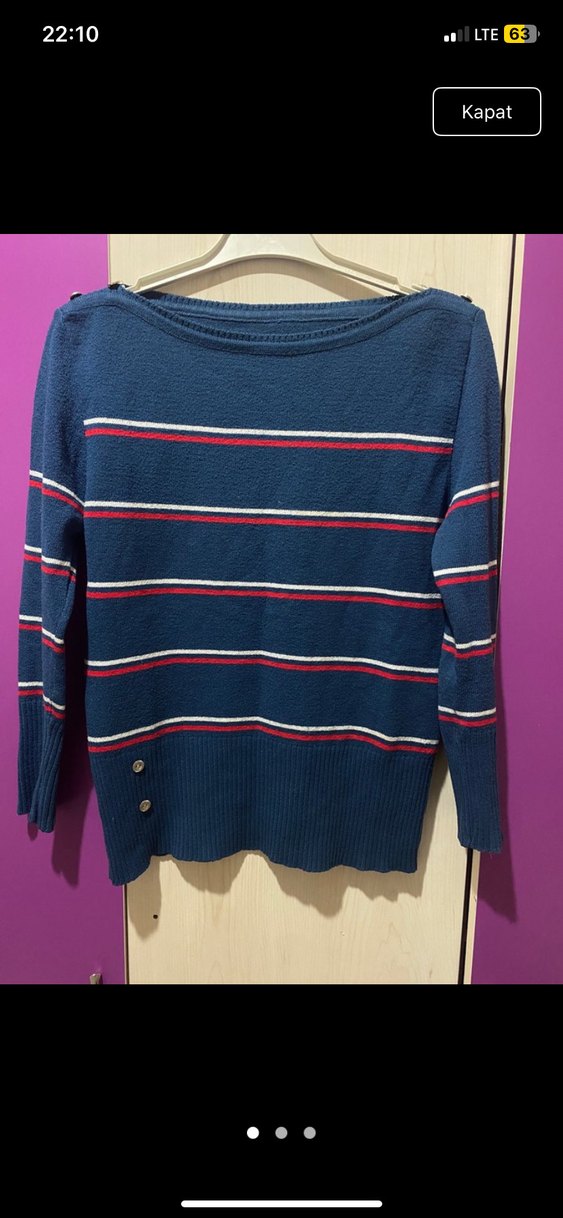 Düğmeli Mavi Çizgili Kadın Triko - Görsel 5