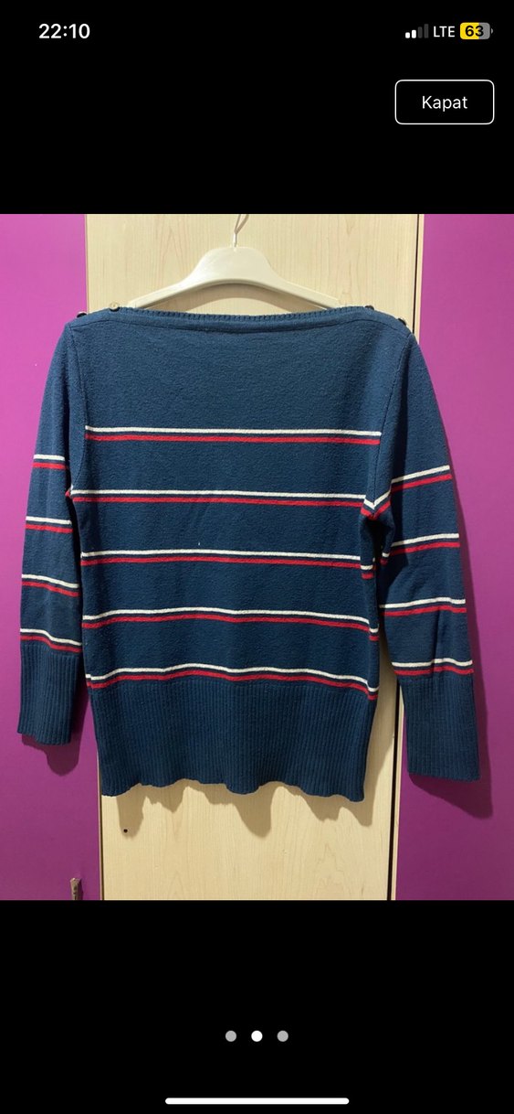 Düğmeli Mavi Çizgili Kadın Triko - Görsel 4
