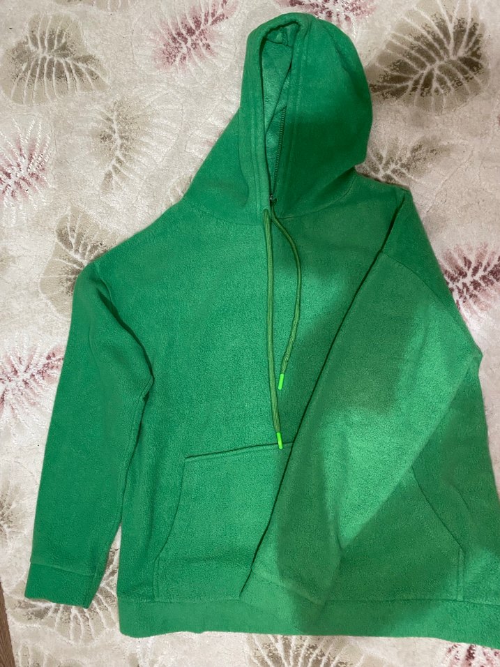 Kadın Yeşil Kapüşonlu Salaş Sweatshirt yünlü - Görsel 3