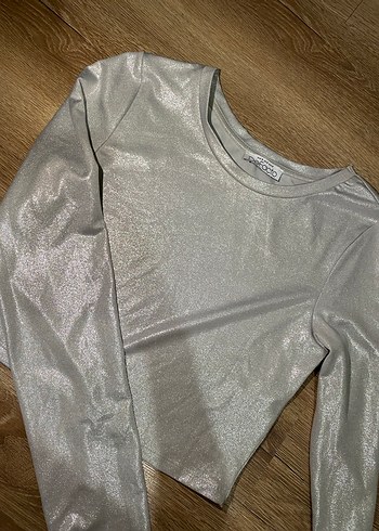 Gri Metalik Kısa Kollu Kadın Bluz - Görsel 2