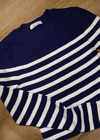 Lacivert Beyaz Çizgili Pamuklu Kadın Kazak - Görsel 3